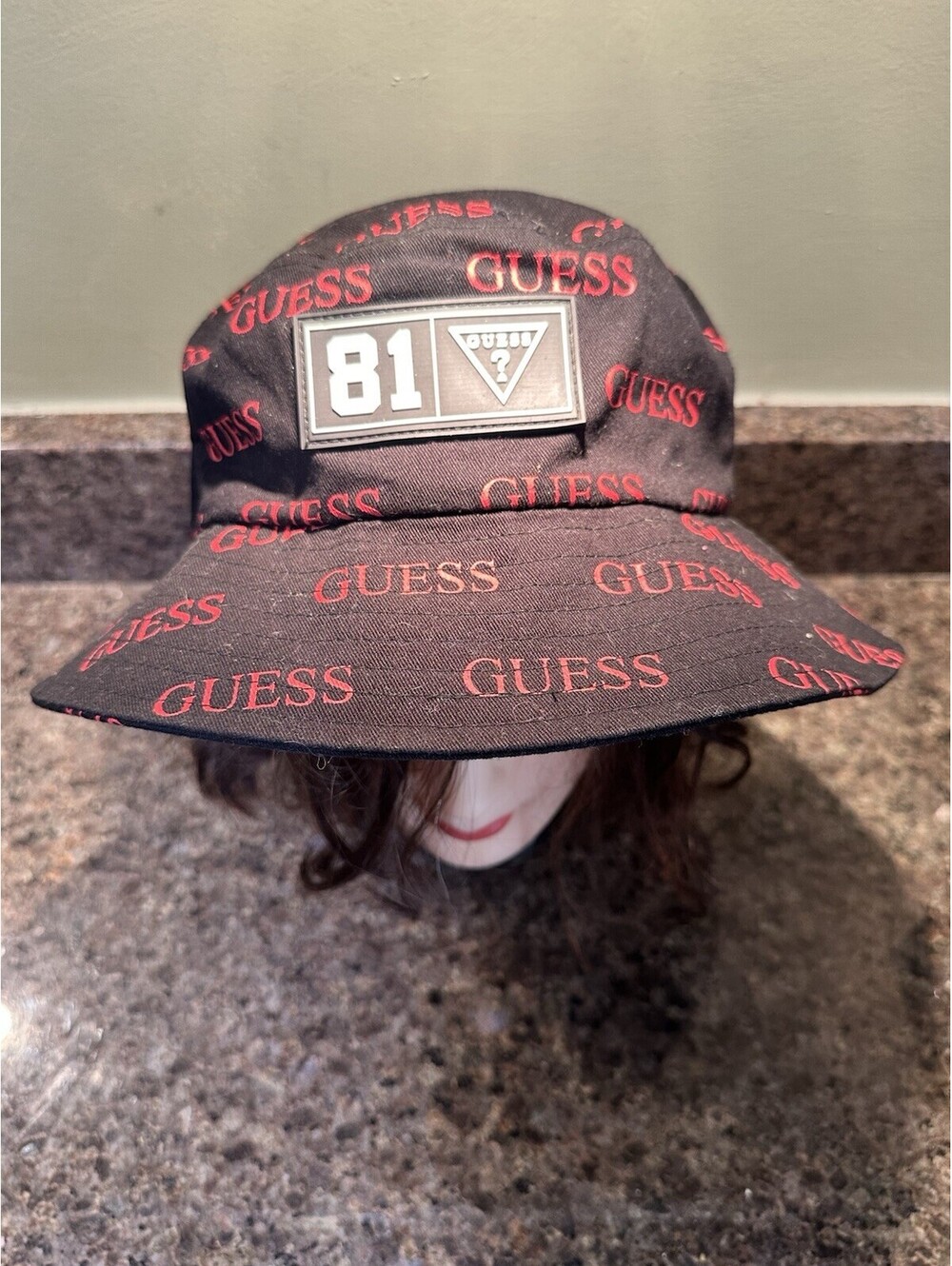 GUESS All Over Logo Bucket Hat Black Red Rubber Patch 81 One Size 100% Cotton